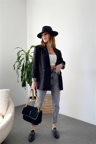 Siyah İçi Yılan Desen Saten Astarlı Tasarım Blazer Ceket