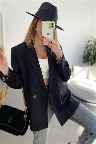 Siyah İçi Yılan Desen Saten Astarlı Tasarım Blazer Ceket