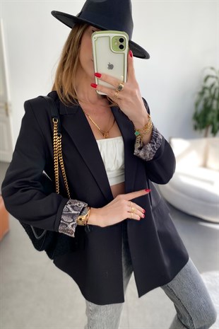 Siyah İçi Yılan Desen Saten Astarlı Tasarım Blazer Ceket