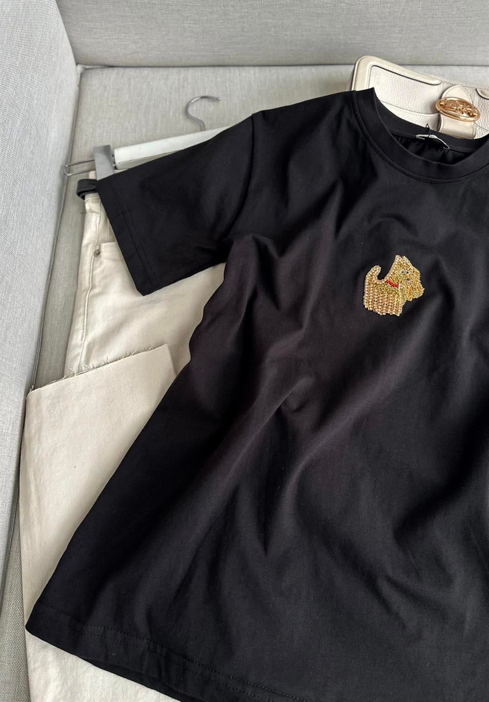 Siyah Köpüş Taş Detaylı Basic Tshirt