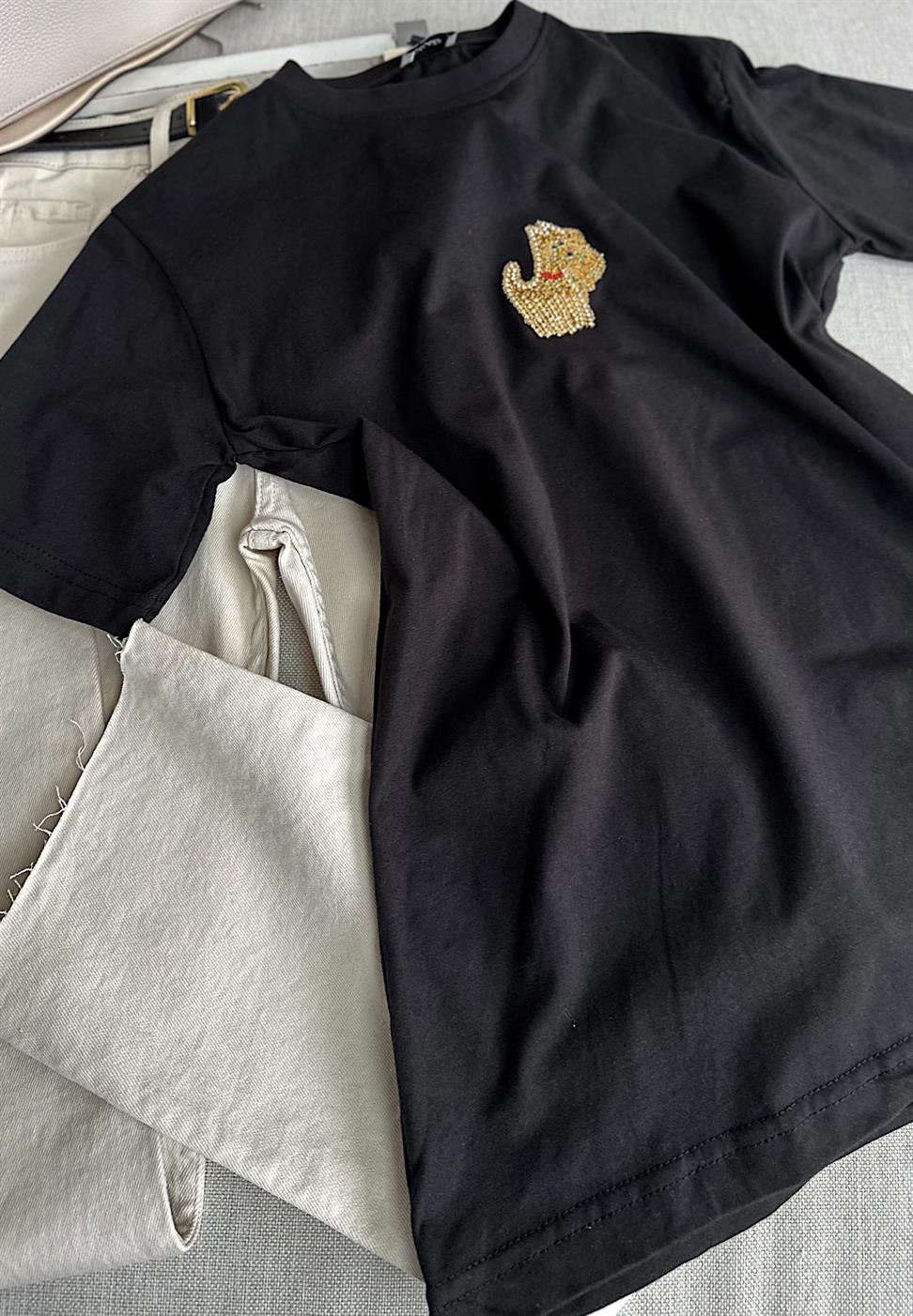 Siyah Köpüş Taş Detaylı Basic Tshirt