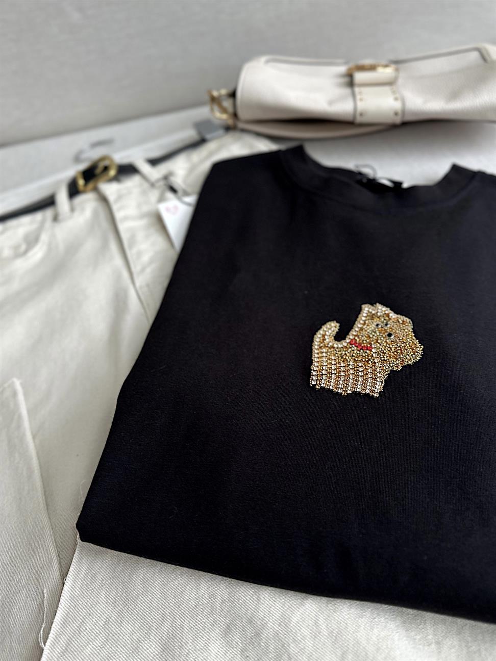 Siyah Köpüş Taş Detaylı Basic Tshirt