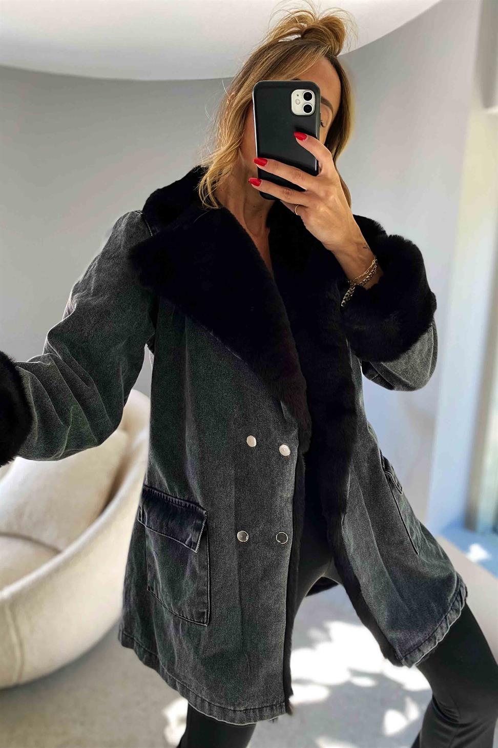 Siyah Kürklü Denim Kadın Uzun Mont Antrasit