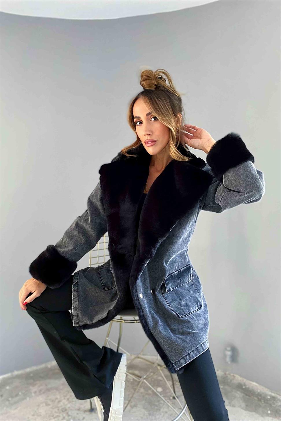 Siyah Kürklü Denim Kadın Uzun Mont Antrasit