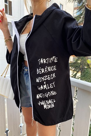 Siyah Naturel Beautiful Day Yazı Figürlü Oversize Ceket