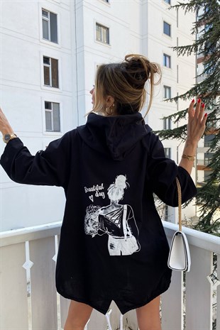 Siyah Naturel Beautiful Day Yazı Figürlü Oversize Ceket