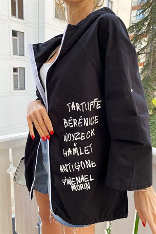 Siyah Naturel Beautiful Day Yazı Figürlü Oversize Ceket