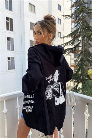 Siyah Naturel Beautiful Day Yazı Figürlü Oversize Ceket
