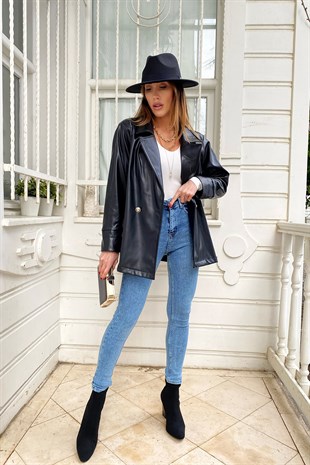 Siyah Oversize Tasarım Deri Ceket
