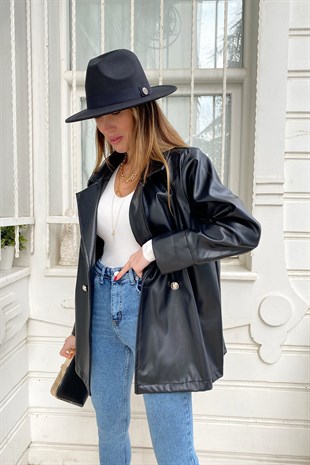 Siyah Oversize Tasarım Deri Ceket