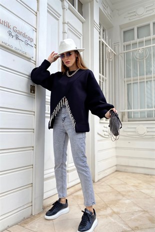Siyah Çift Taraflı Giyilebilir Parlak Taş Detay Tasarım Sweatshirt