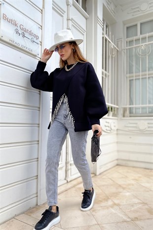 Siyah Çift Taraflı Giyilebilir Parlak Taş Detay Tasarım Sweatshirt