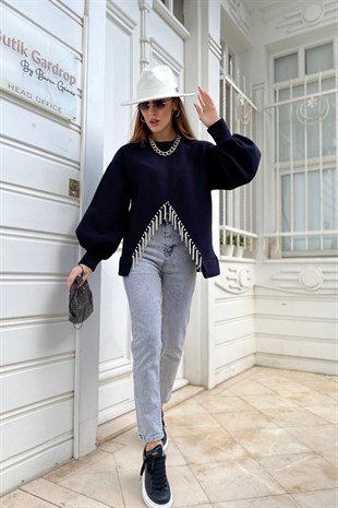 Siyah Çift Taraflı Giyilebilir Parlak Taş Detay Tasarım Sweatshirt