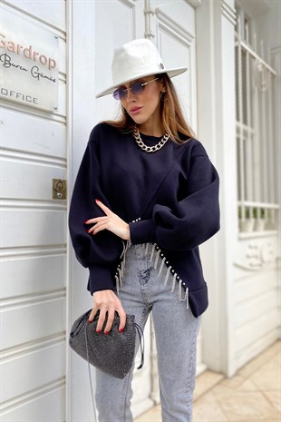 Siyah Çift Taraflı Giyilebilir Parlak Taş Detay Tasarım Sweatshirt