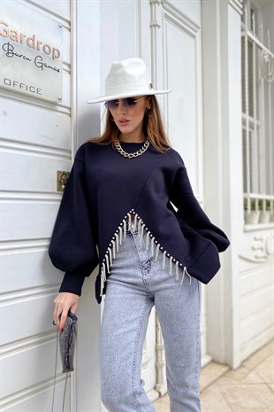 Siyah Çift Taraflı Giyilebilir Parlak Taş Detay Tasarım Sweatshirt