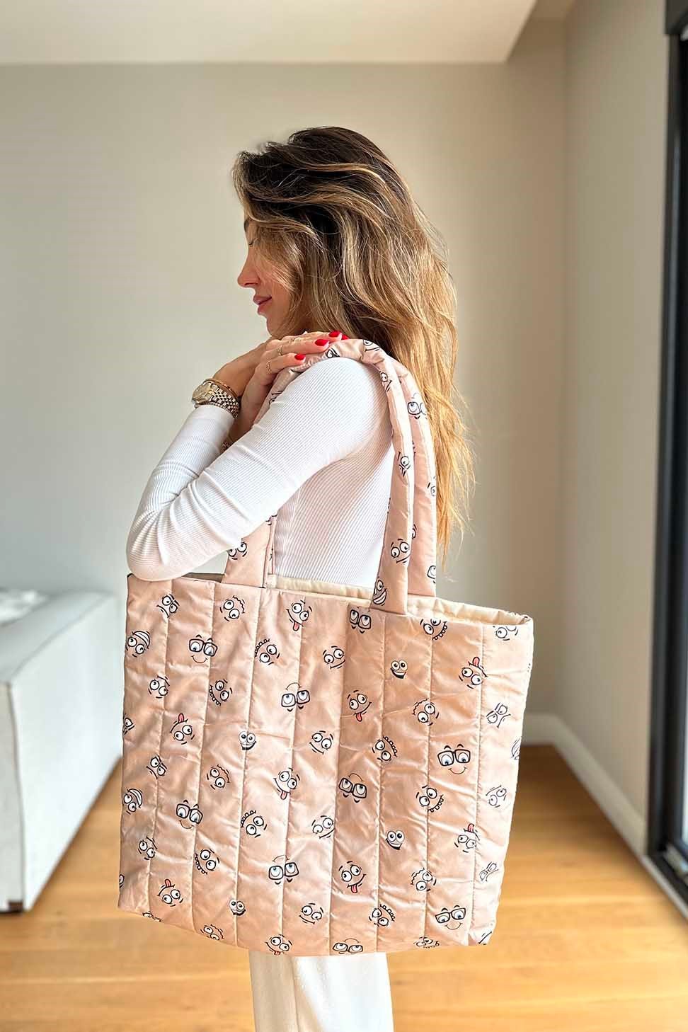 Smiley Happy Kadın Puf Çanta Taş