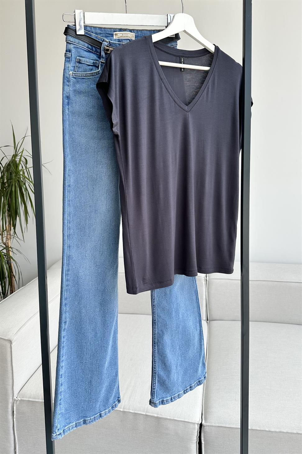 Soft Line V Yaka Basic Tişört Antrasit