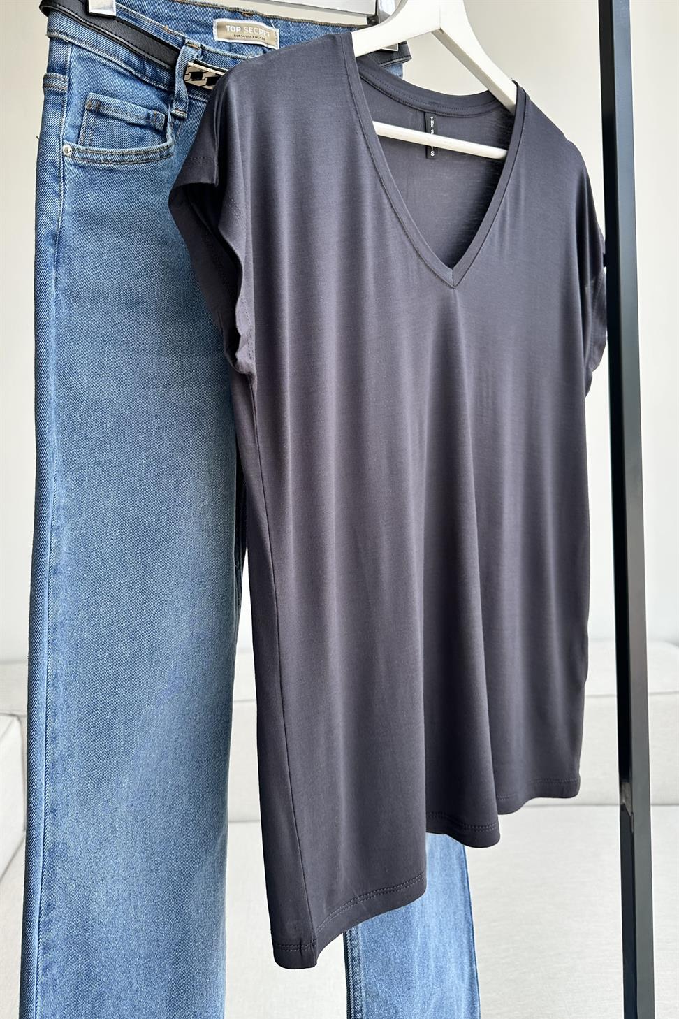Soft Line V Yaka Basic Tişört Antrasit