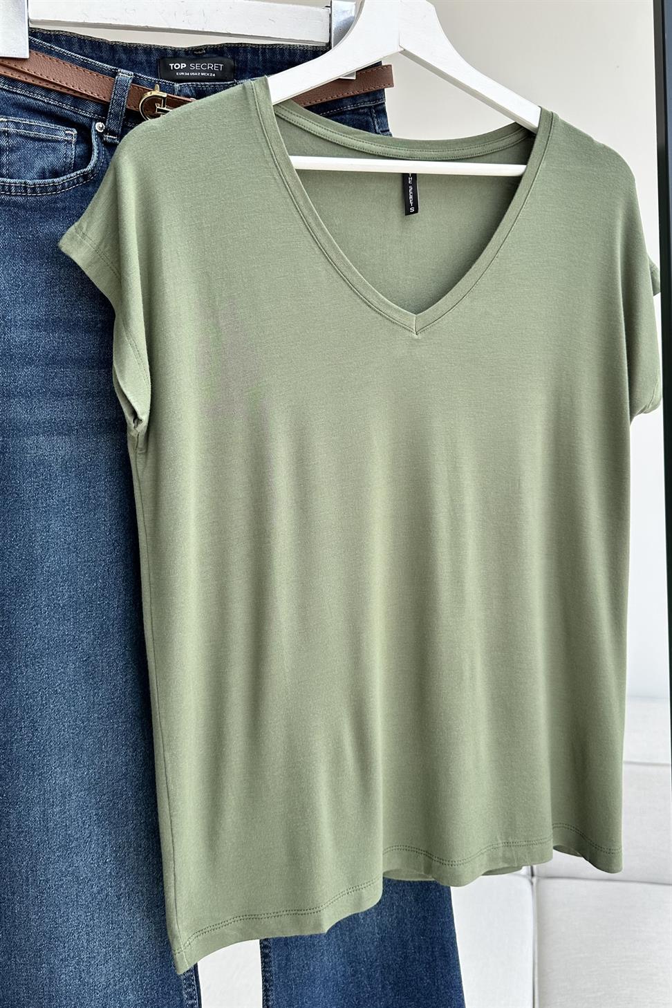 Soft Line V Yaka Basic Tişört Haki
