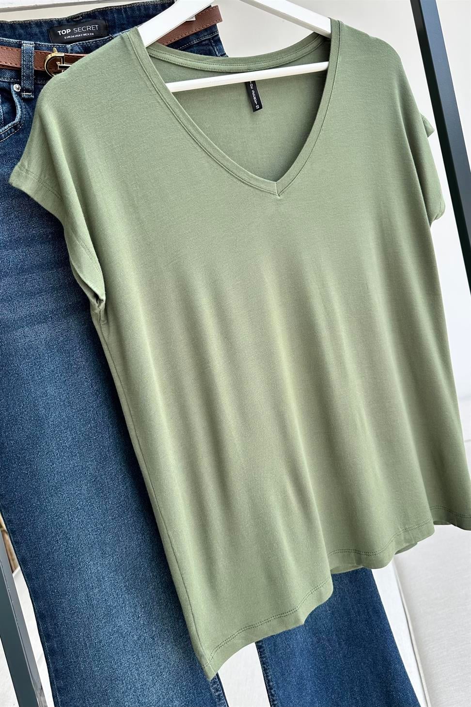 Soft Line V Yaka Basic Tişört Haki
