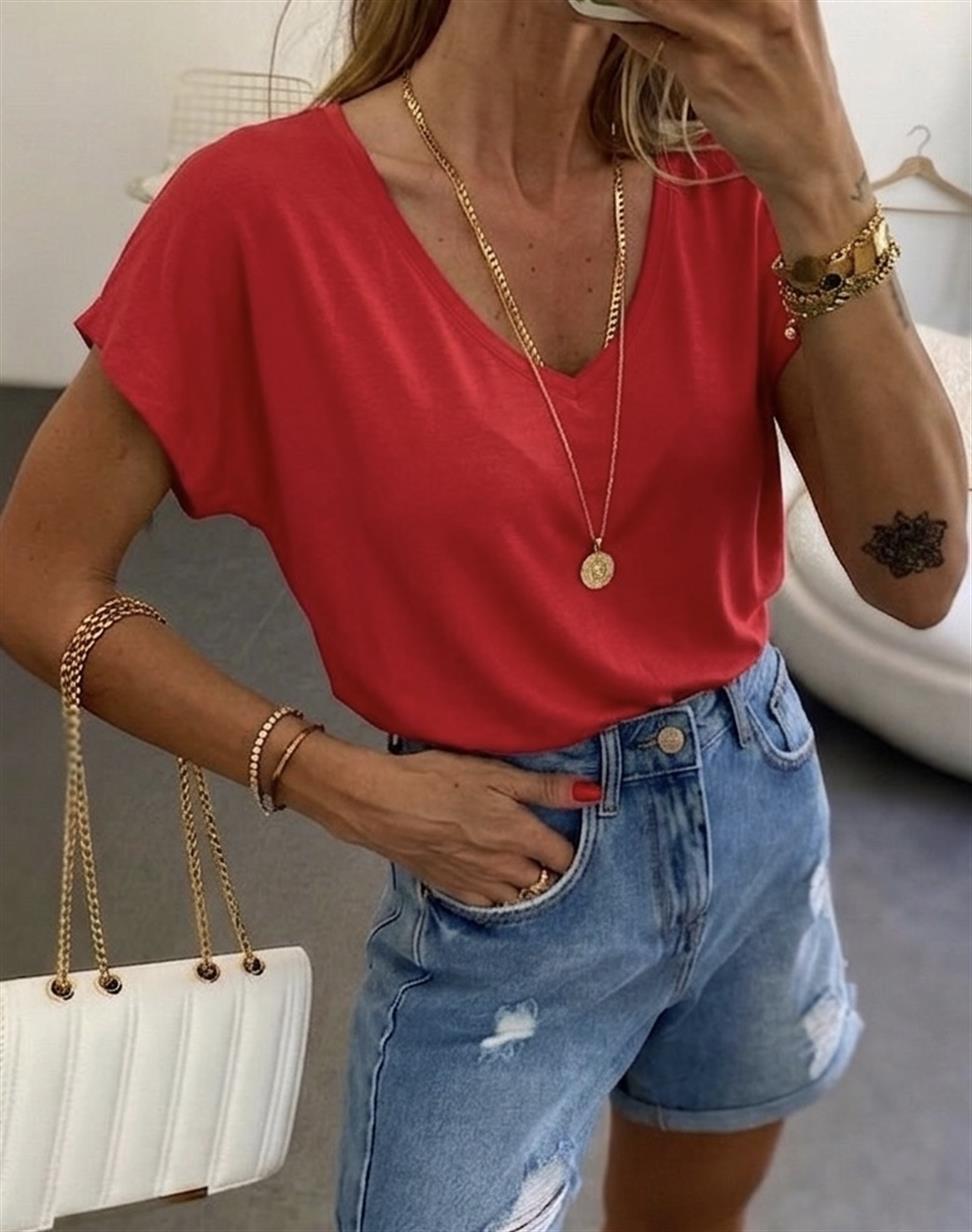 Soft Line V Yaka Basic Tişört Kırmızı