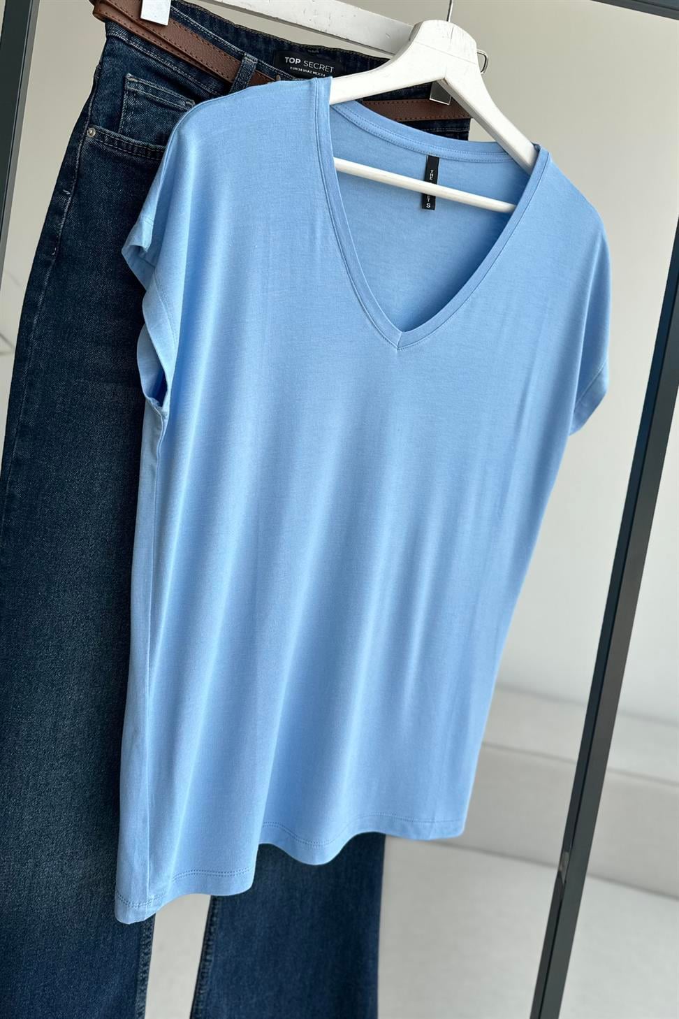 Soft Line V Yaka Basic Tişört Mavi