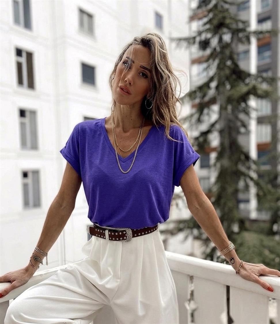 Soft Line V Yaka Basic Tişört Mor
