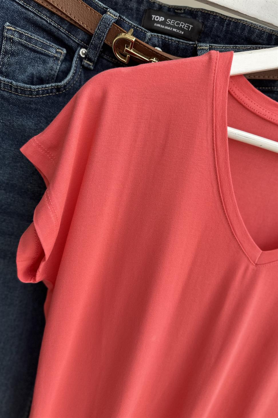 Soft Line V Yaka Basic Tişört Nar Çiçeği