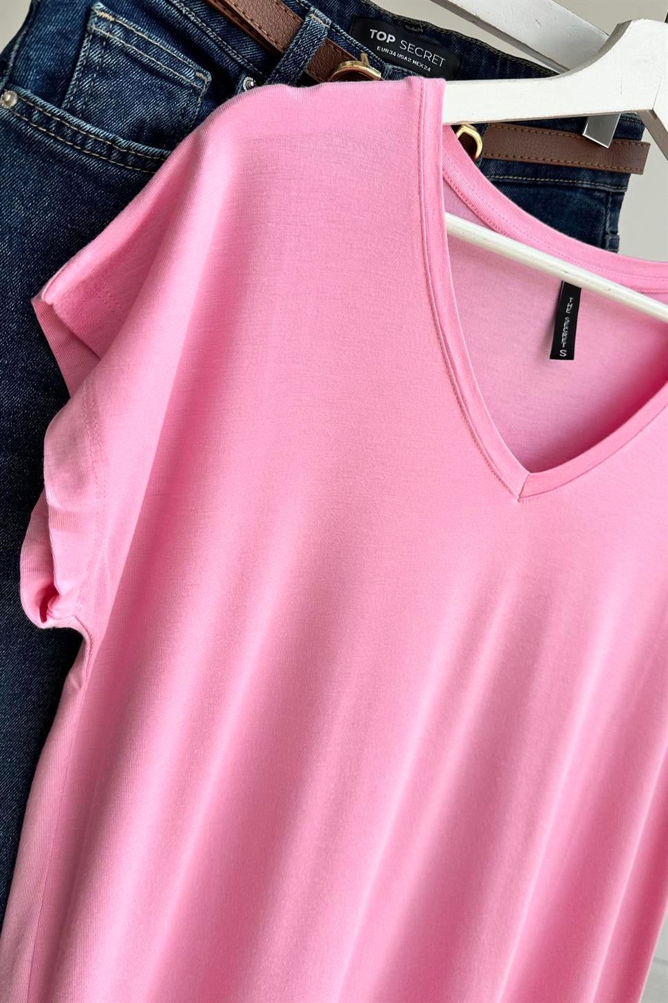 Soft Line V Yaka Basic Tişört Pembe
