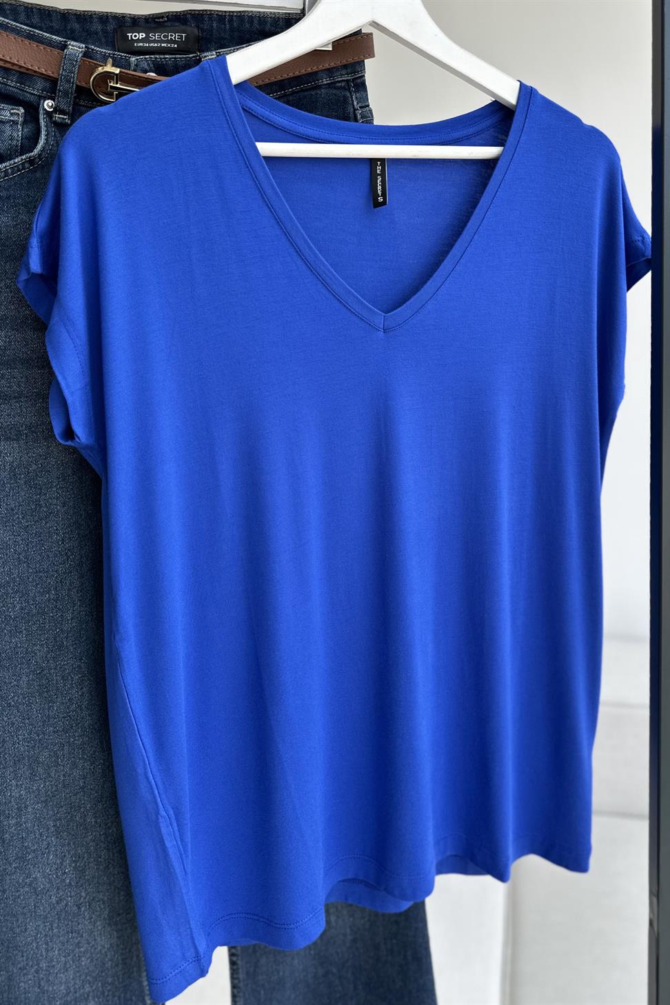 Soft Line V Yaka Basic Tişört Saks Mavisi