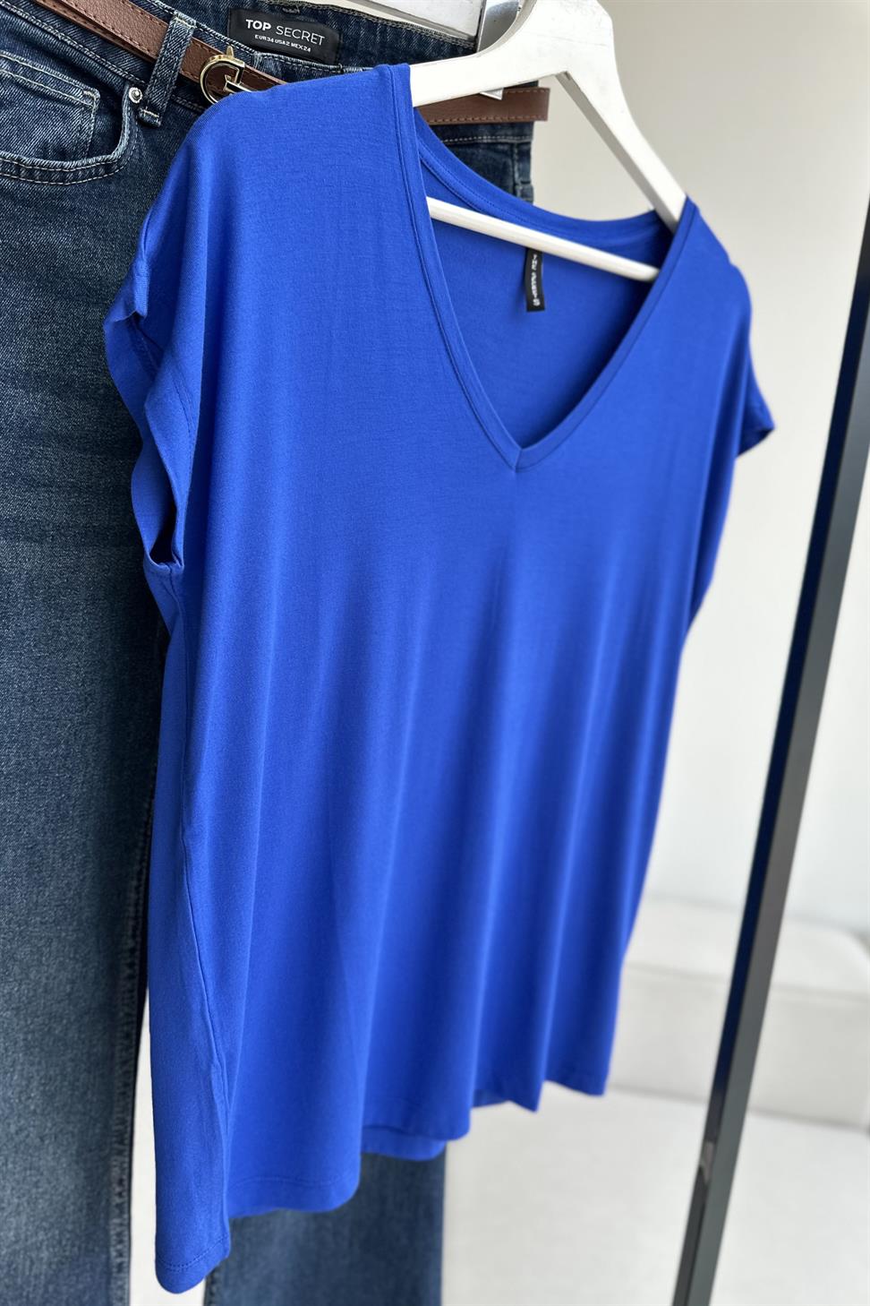 Soft Line V Yaka Basic Tişört Saks Mavisi