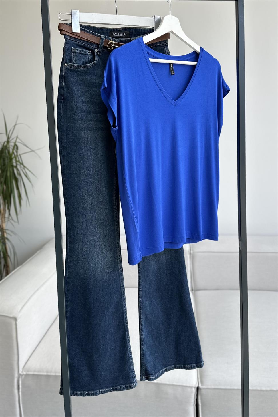 Soft Line V Yaka Basic Tişört Saks Mavisi