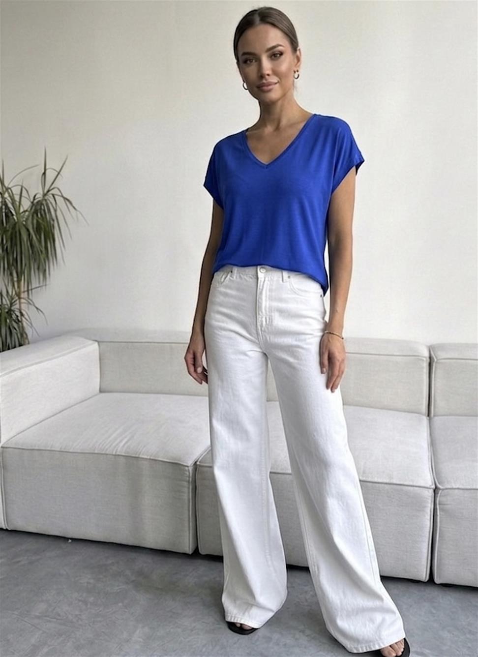 Soft Line V Yaka Basic Tişört Saks Mavisi