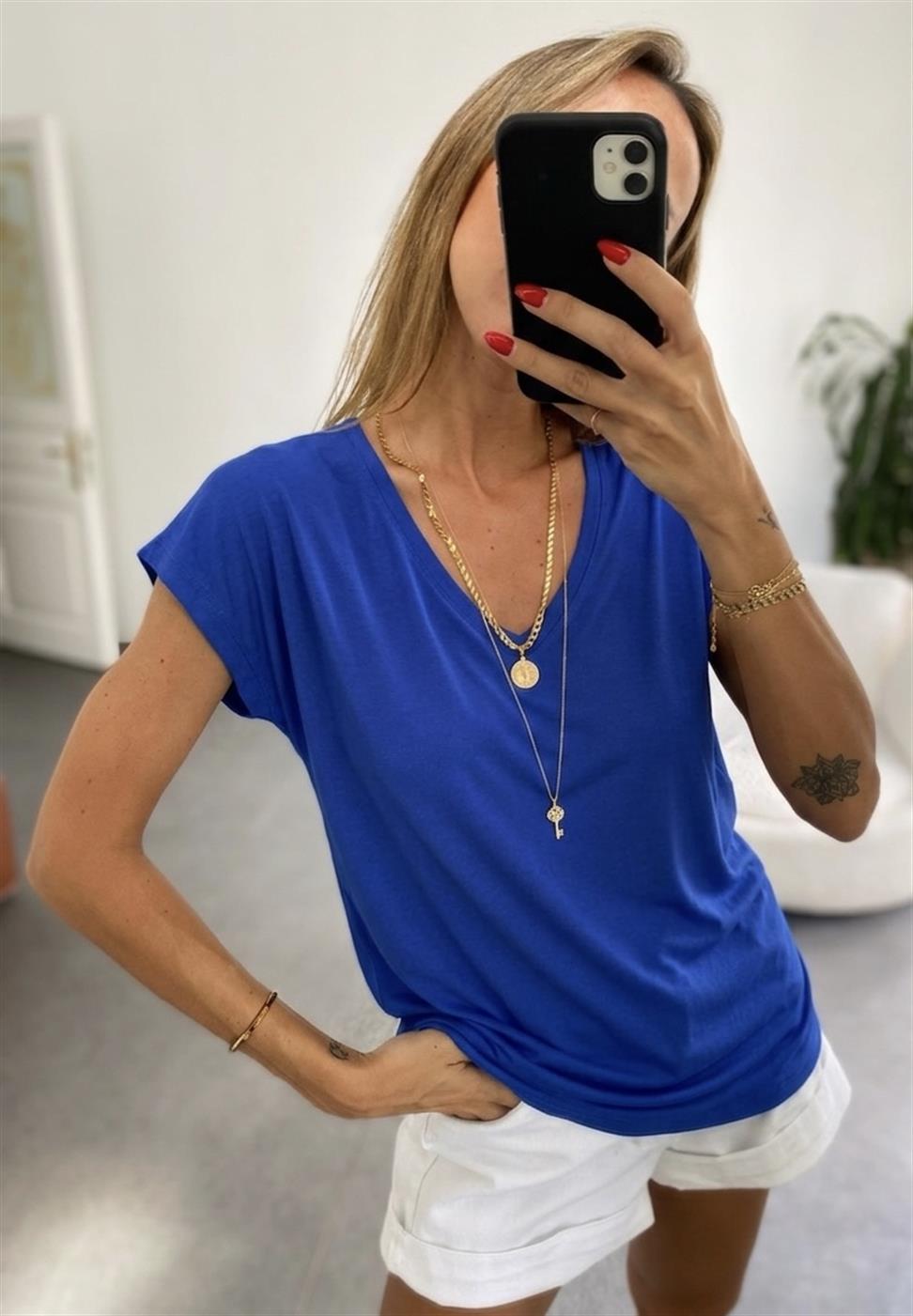 Soft Line V Yaka Basic Tişört Saks Mavisi