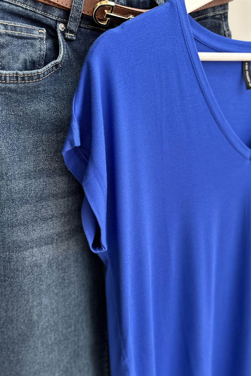 Soft Line V Yaka Basic Tişört Saks Mavisi