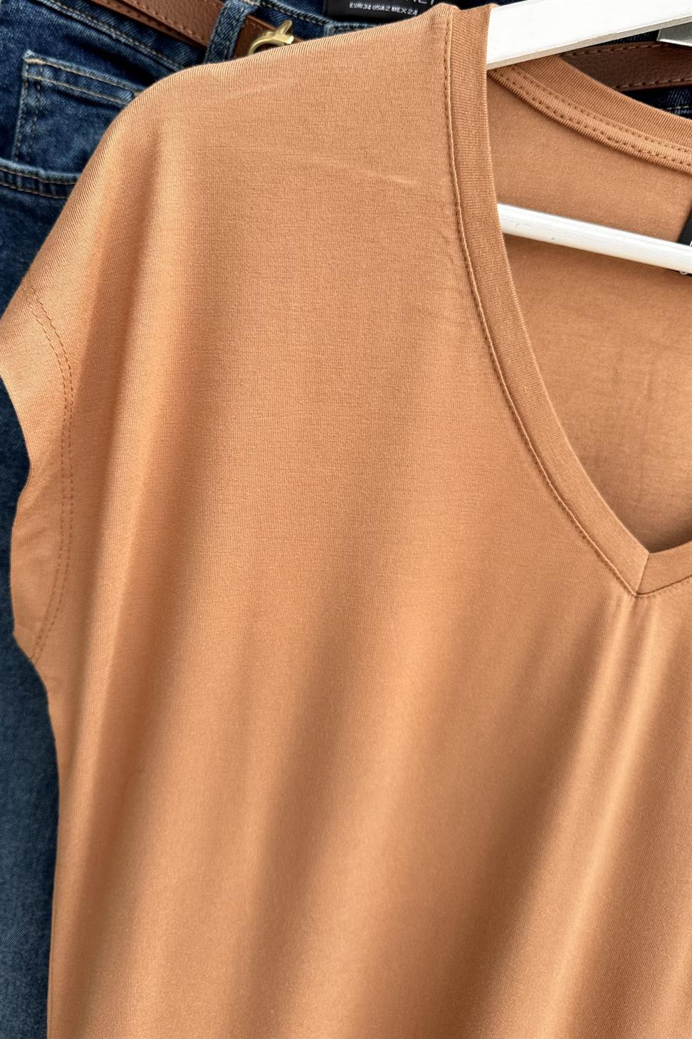 Soft Line V Yaka Basic Tişört Tarçın
