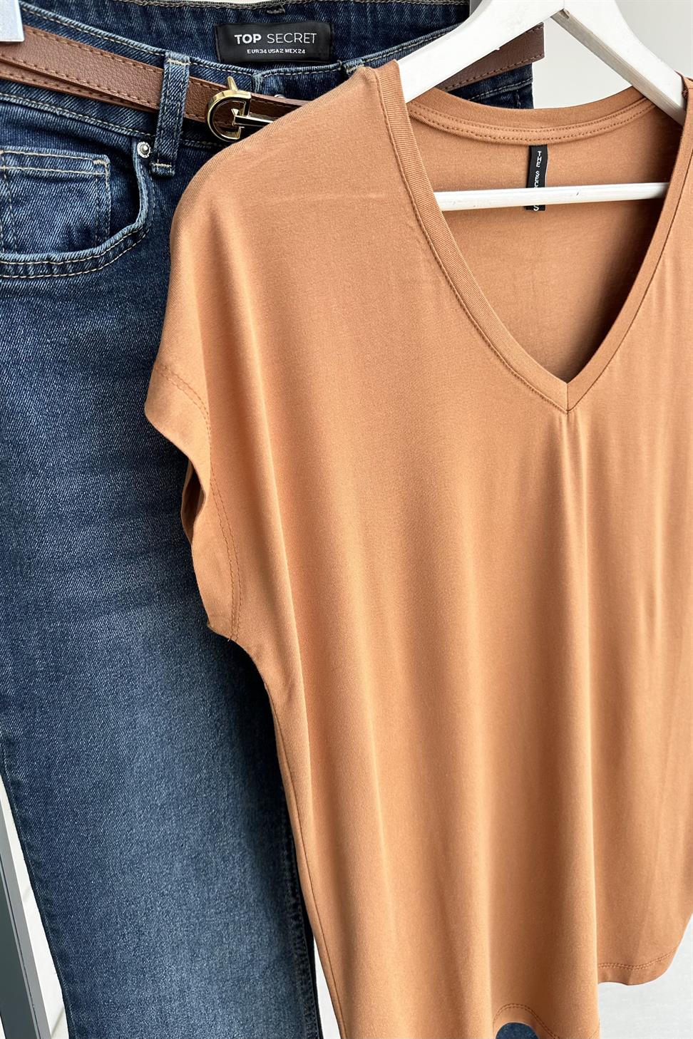Soft Line V Yaka Basic Tişört Tarçın
