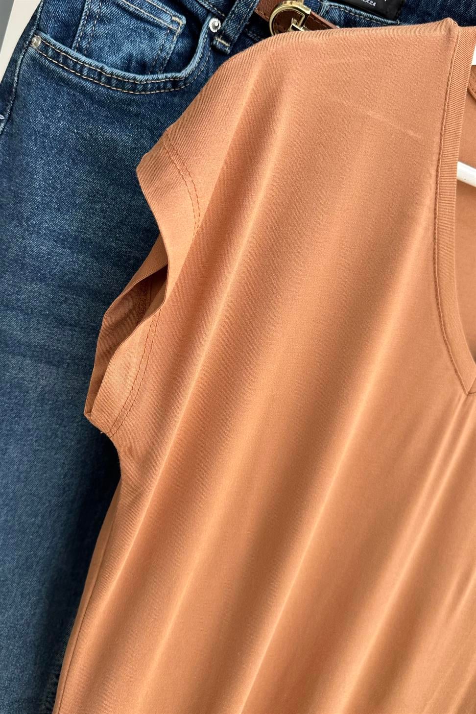 Soft Line V Yaka Basic Tişört Tarçın