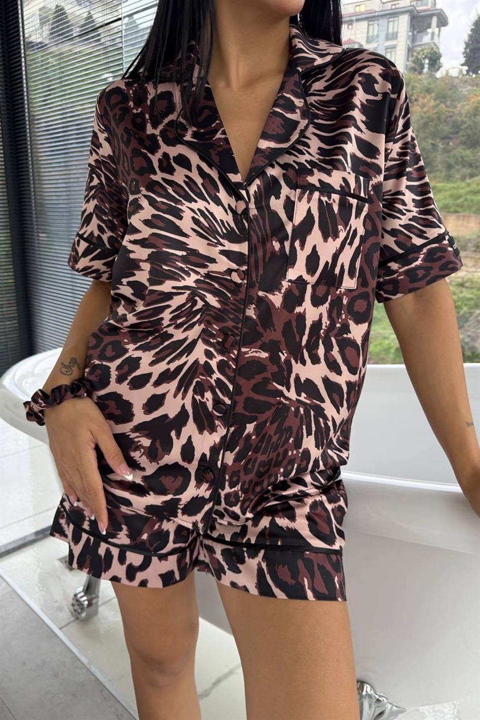 Stagione Estiva Saten Kısa Pijama Takımı Kahverengi