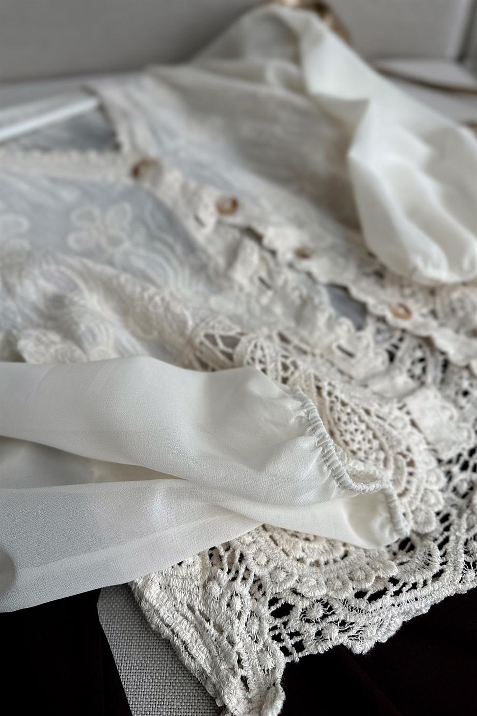Summer Lace Kolları Tül Tasarım Bluz Ekru