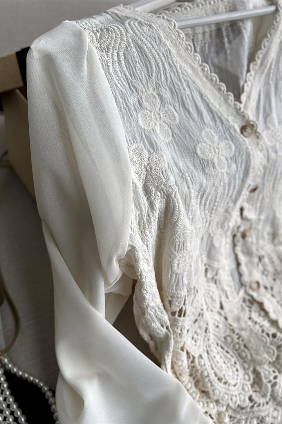 Summer Lace Kolları Tül Tasarım Bluz Ekru