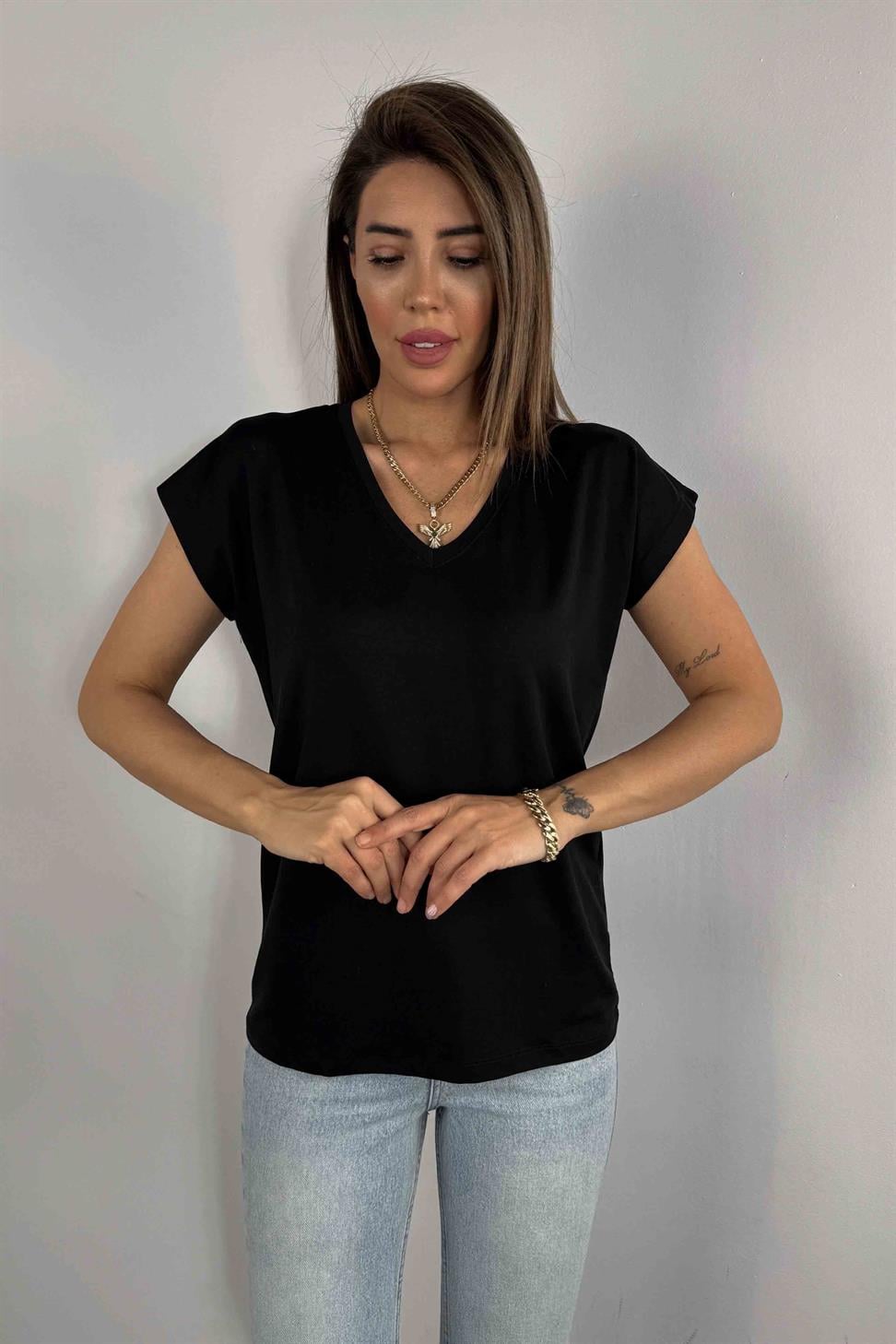 T Kol Viskon Kumaş Kadın Tişört Siyah