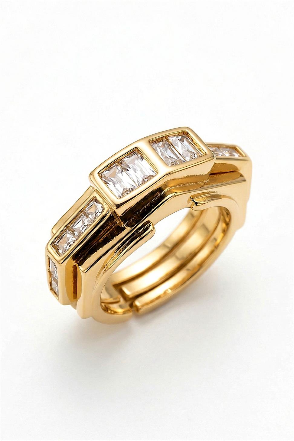 Tang Ring Zirkon Taşlı Geometrik Gold Yüzük
