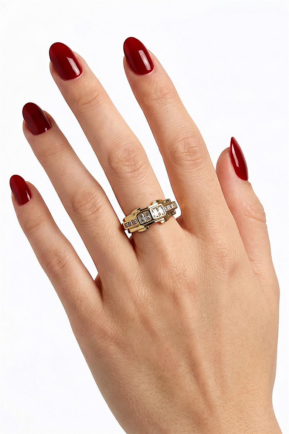 Tang Ring Zirkon Taşlı Geometrik Gold Yüzük