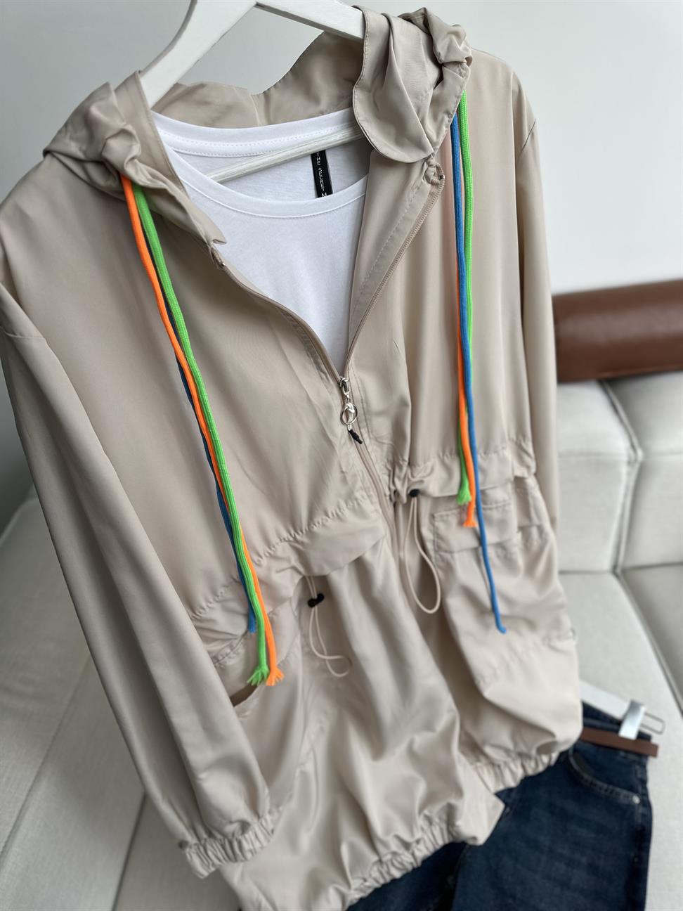 Taş Kapüşonlu Fermuarlı Tensel Kumaş Tasarım Mont