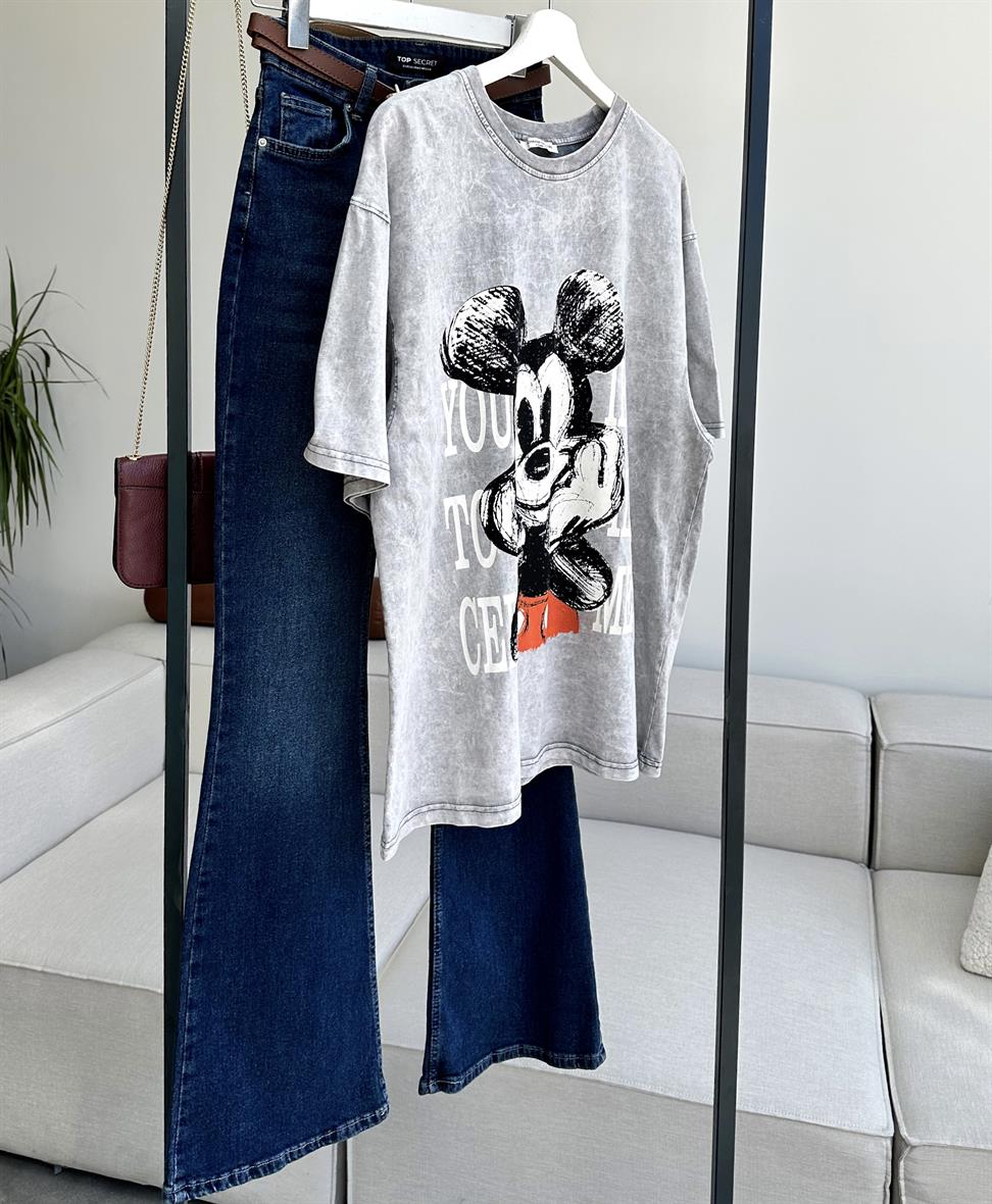 Taş Yıkamalı Mickey Baskılı Unisex Tişört