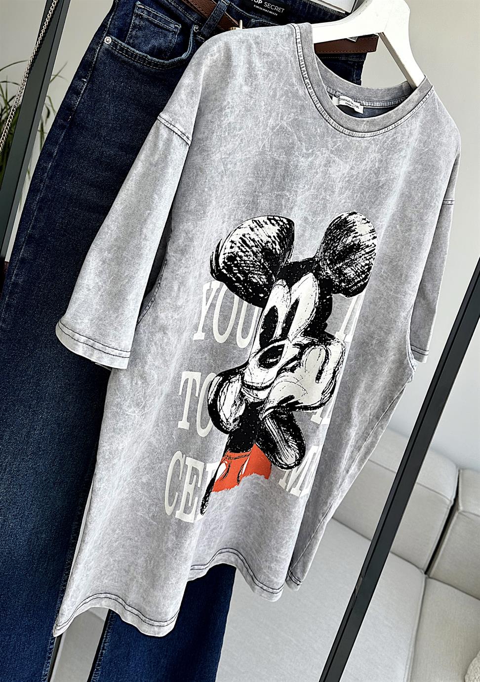 Taş Yıkamalı Mickey Baskılı Unisex Tişört