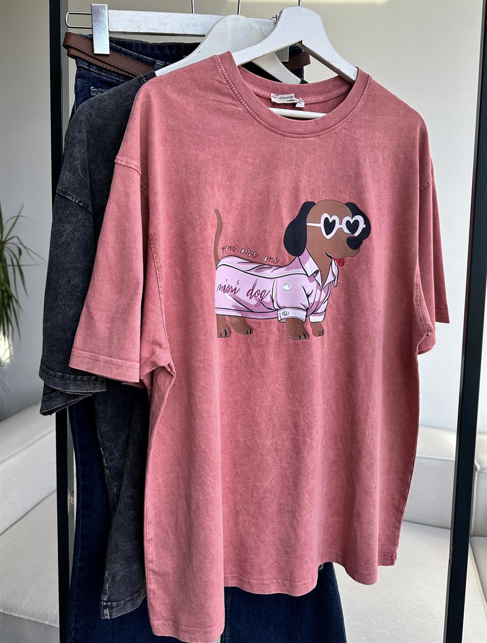 Taş Yıkamalı Mini Dog Baskılı Oversize Tişört Pudra Pembe
