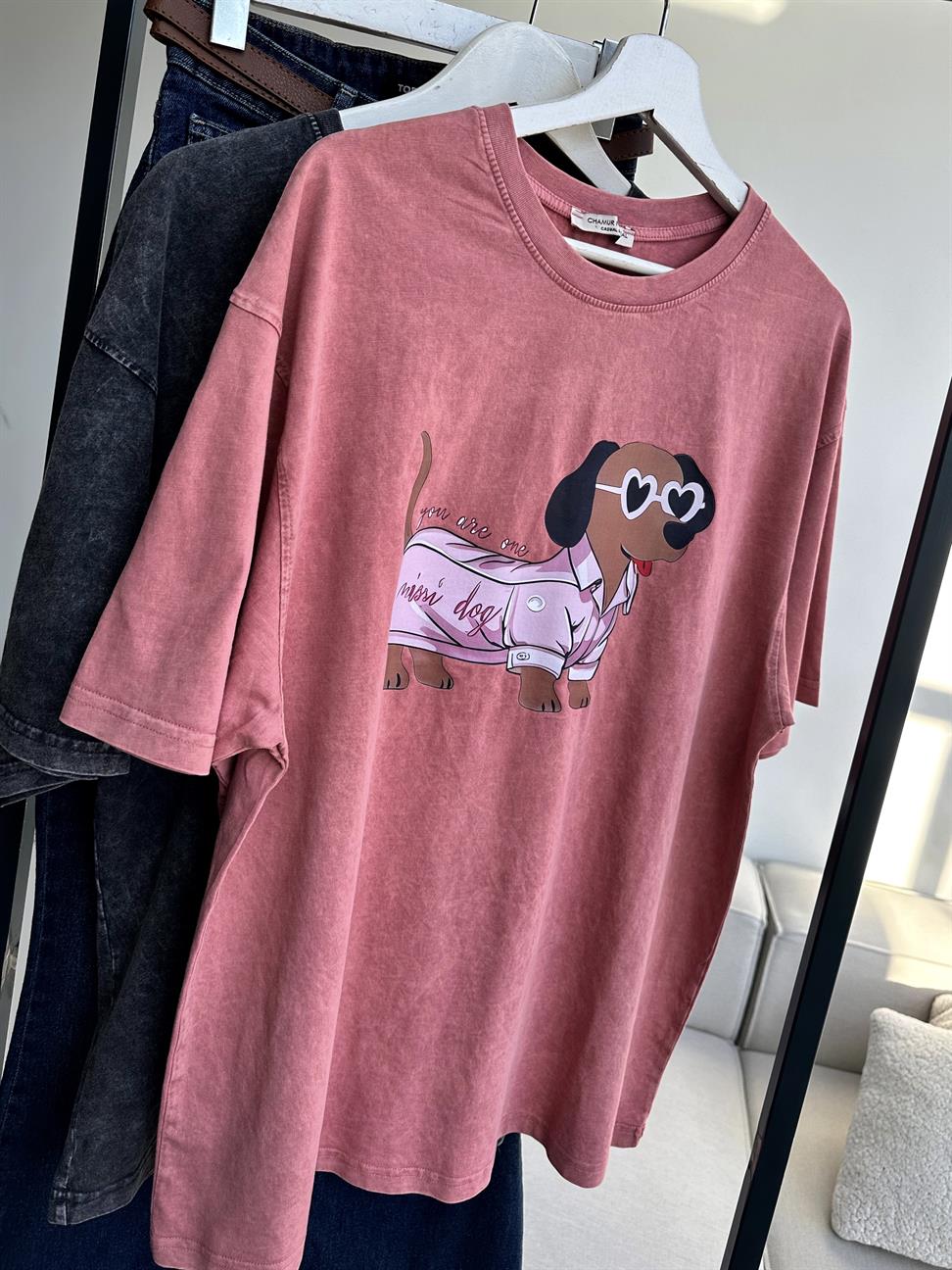 Taş Yıkamalı Mini Dog Baskılı Oversize Tişört Pudra Pembe