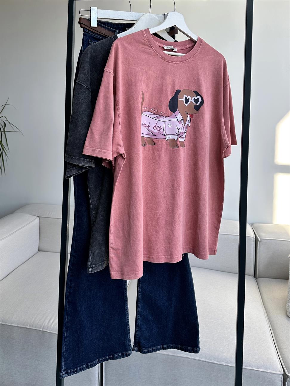Taş Yıkamalı Mini Dog Baskılı Oversize Tişört Pudra Pembe